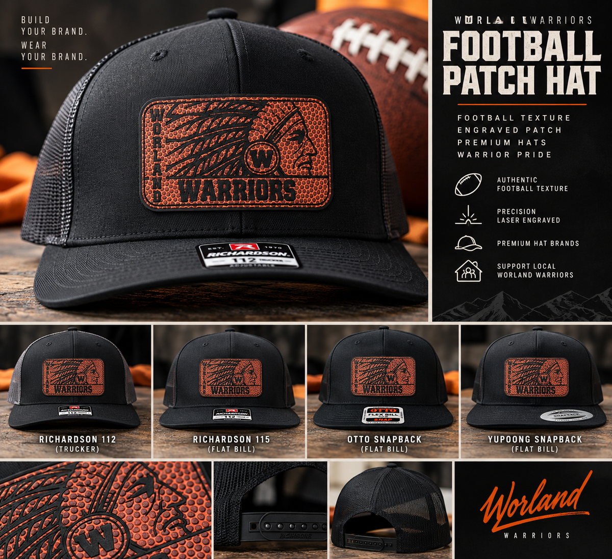 Worland Warriors football engraved patch hats
