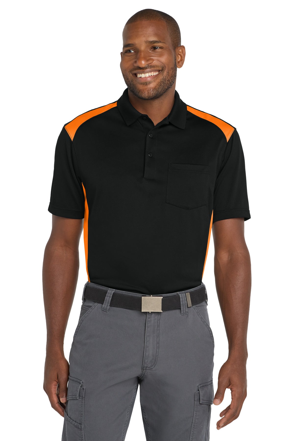 CornerStone Select Snag-Proof Two Way Colorblock Pocket Polo CS416 — Black/ Shock Orange