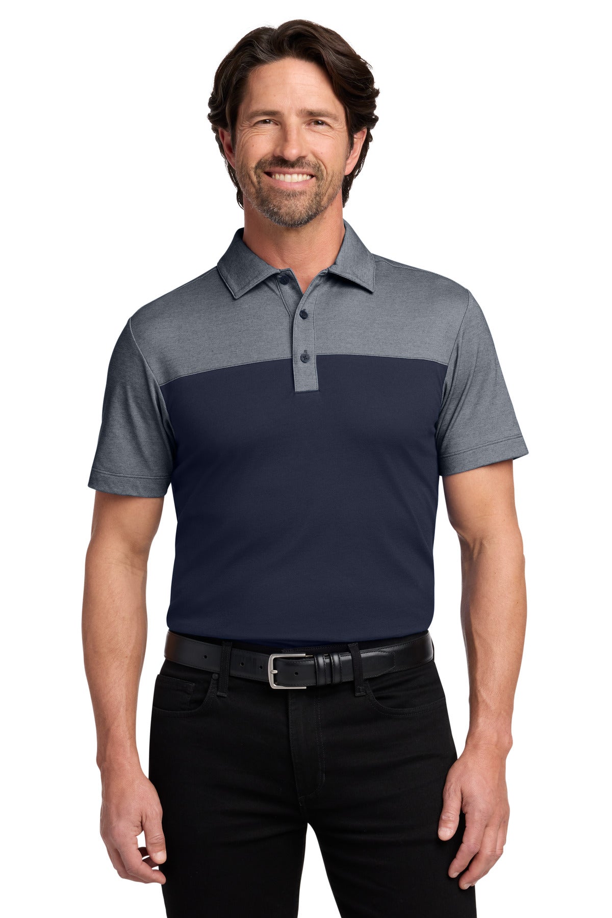 Port Authority Fine Pique Blend Blocked Polo K831 — River Blue Navy/ River Blue Navy Heather