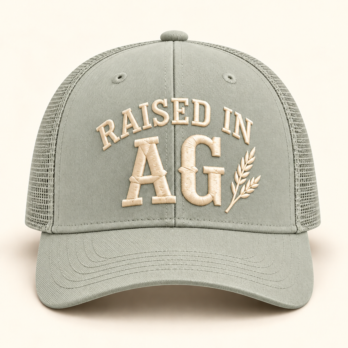 raised-ag-cap 112 · Quarry (sage); front review mockup