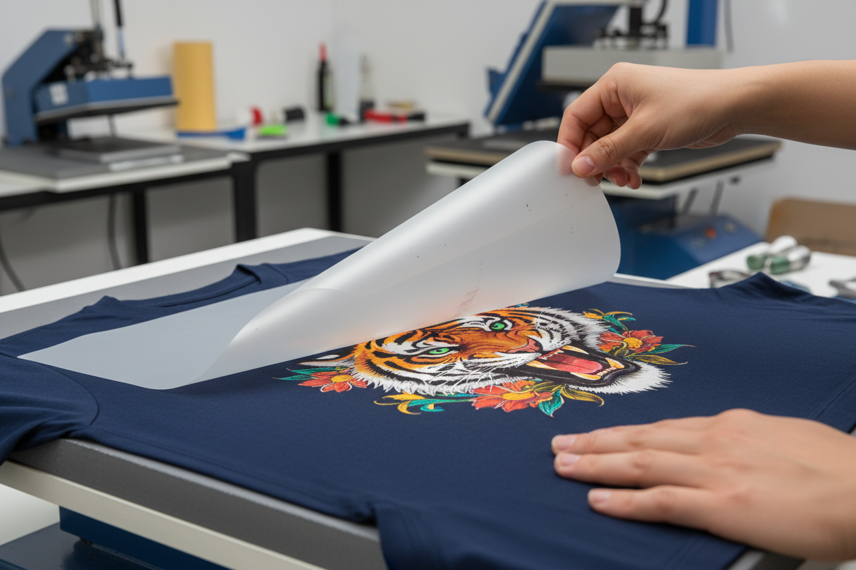 generate a photo of someone peeling a DTF print off of a t shirt post heat press