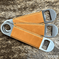 Heritage leatherette bottle opener in buckskin, shown blank before custom laser engraving