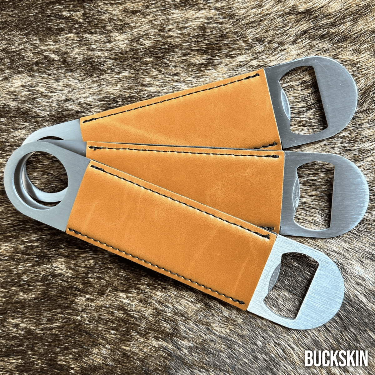 Heritage leatherette bottle opener in buckskin, shown blank before custom laser engraving
