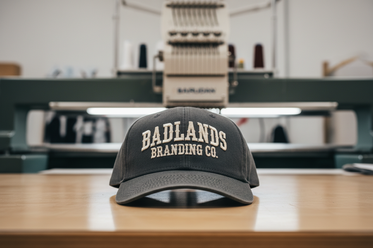 put the hat on a table with an embroidery machine blurred in the background