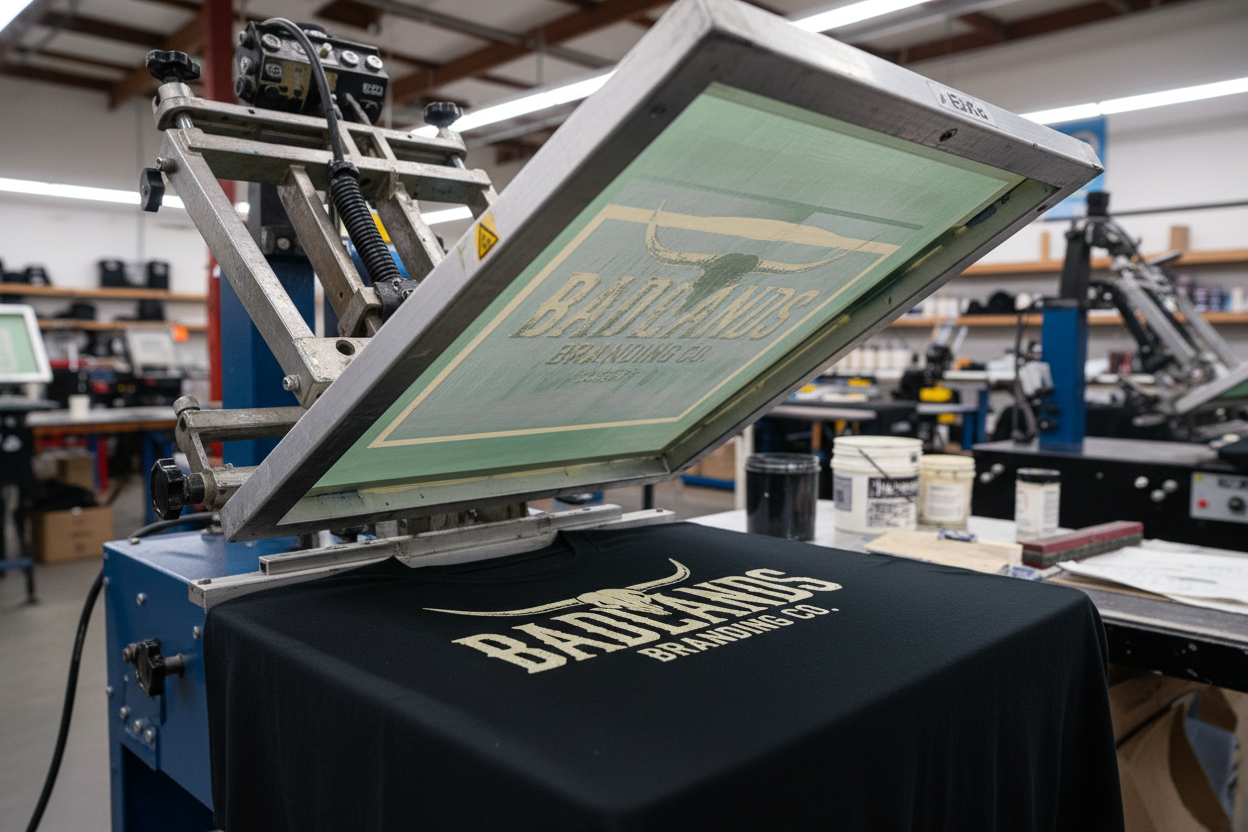 Show a T shirt that's been screen printed and says Badlands Branding Co. the shirt is still on the machine with the screen up
