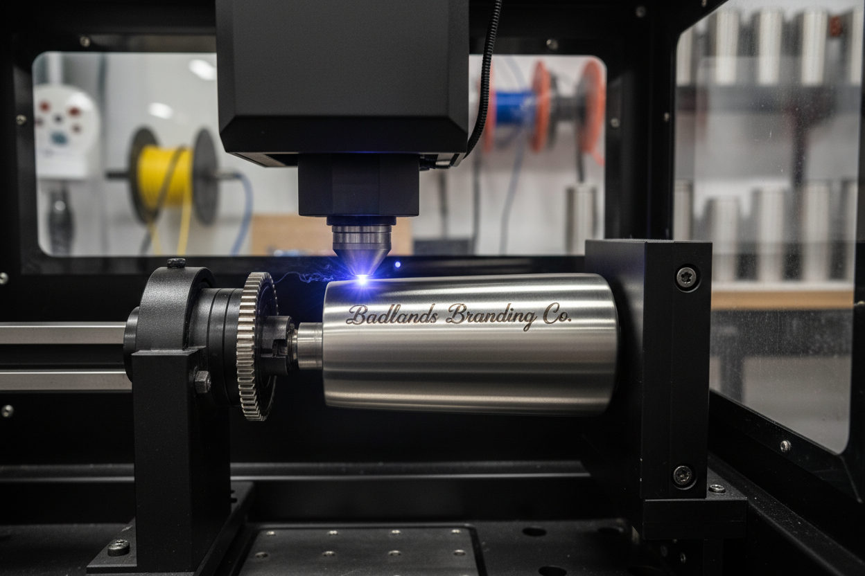 show a tumbler water bottle on a rotary chuck being laser engraved with the words Badlands Branding Co.