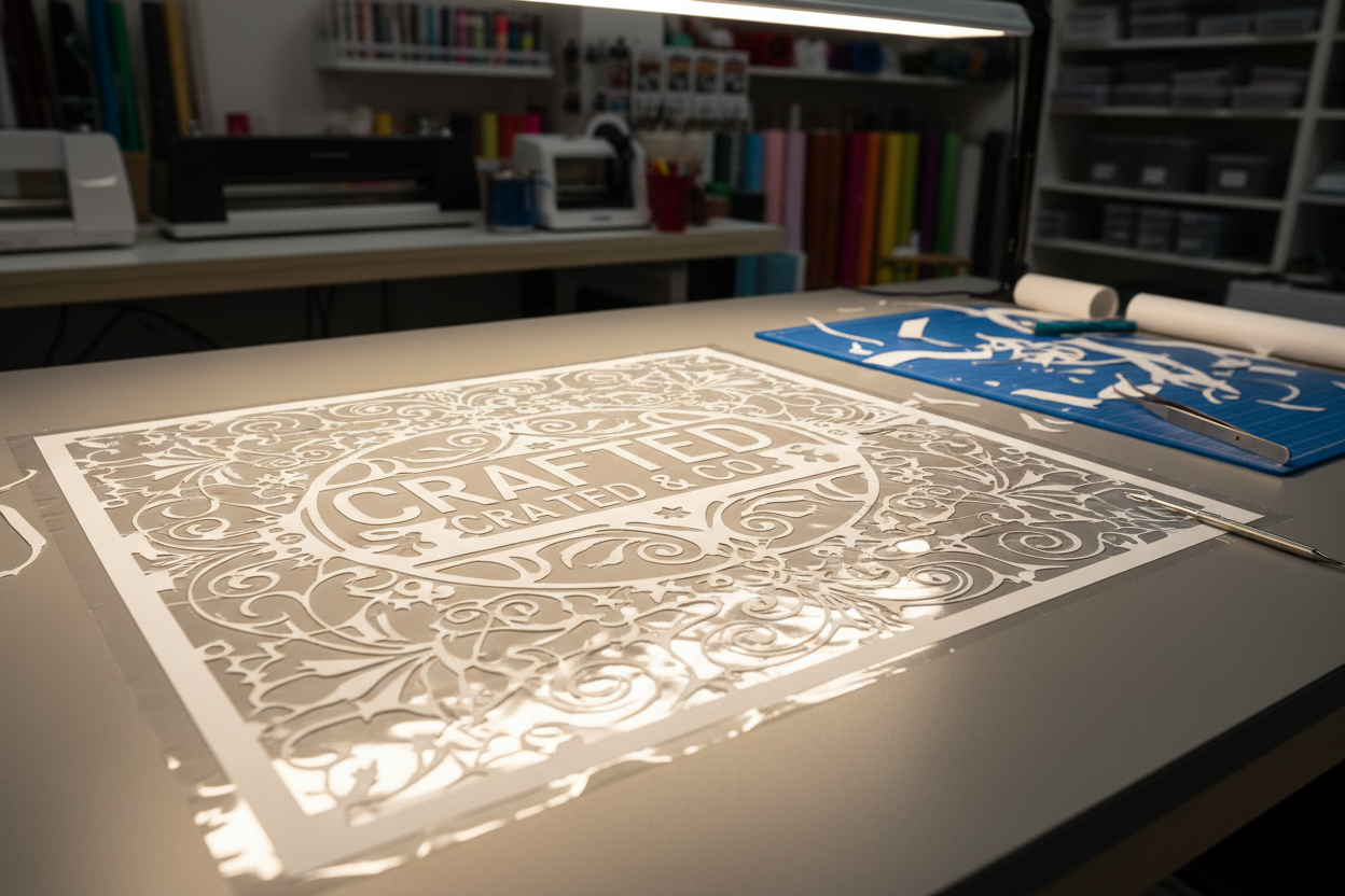 show a vinyl window decal on a table to be weeded