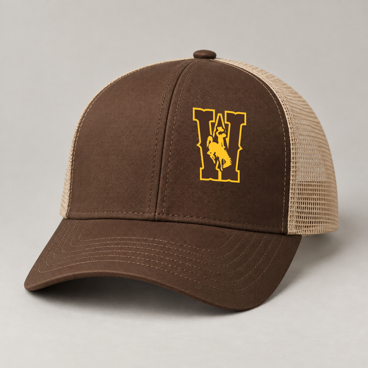 Brown and khaki UW hat with embroidery centered on left front panel