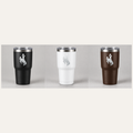 UW Bucking Horse 30 oz tumblers in black, white, and brown with aluminum engraving centered on upper section