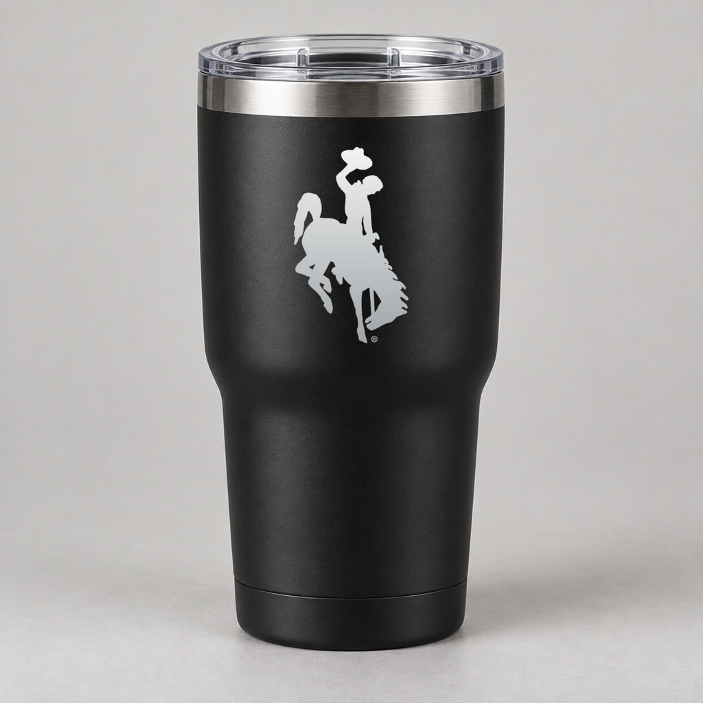 Black UW Bucking Horse tumbler with aluminum engraving centered on upper section