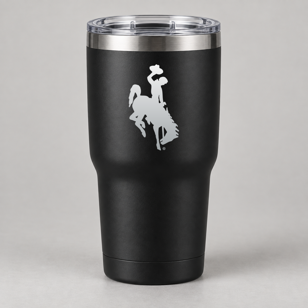 Black UW Bucking Horse tumbler with aluminum engraving centered on upper section