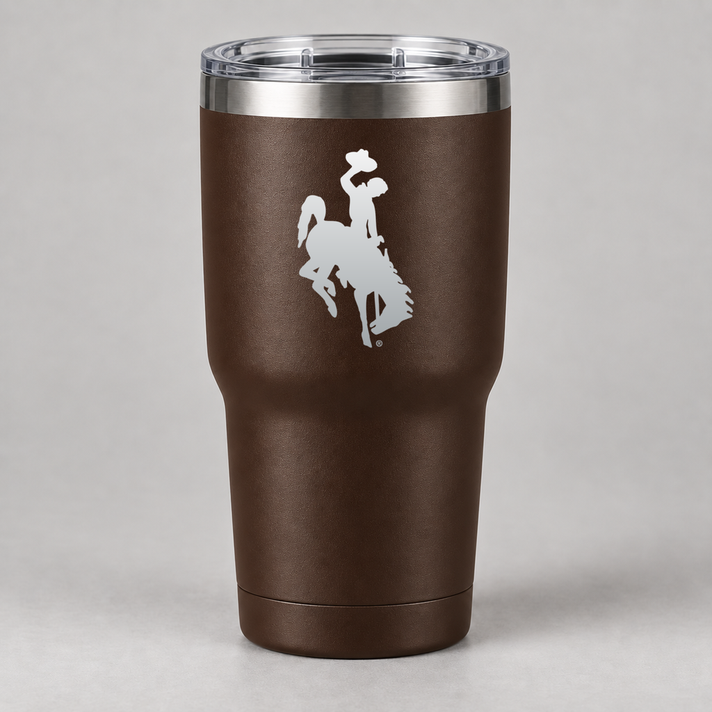 Brown UW Bucking Horse tumbler with aluminum engraving centered on upper section