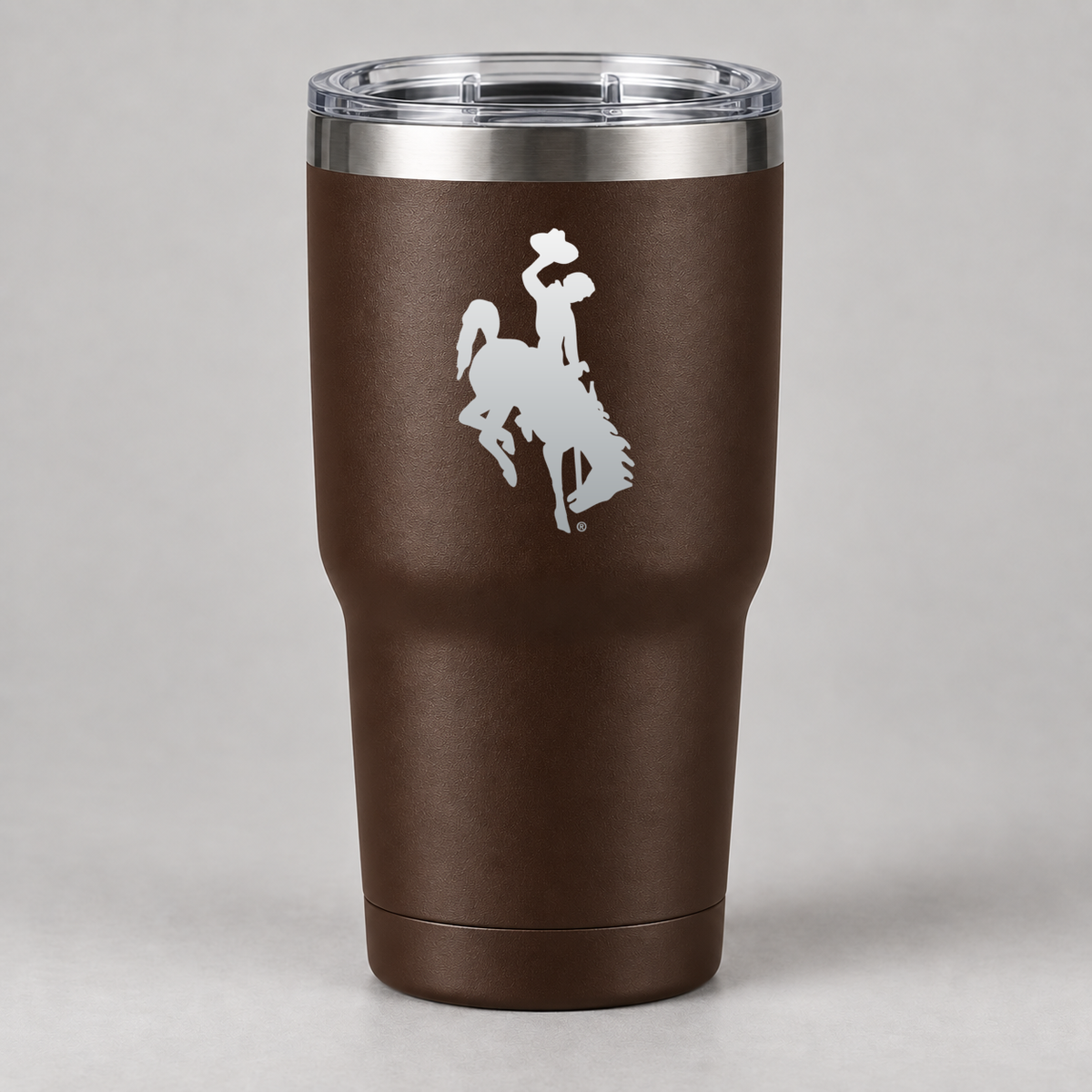 Brown UW Bucking Horse tumbler with aluminum engraving centered on upper section