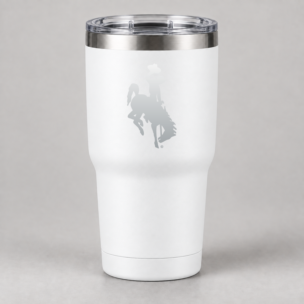 White UW Bucking Horse tumbler with aluminum engraving centered on upper section