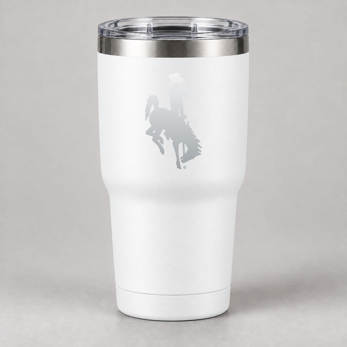 White UW Bucking Horse tumbler with aluminum engraving centered on upper section