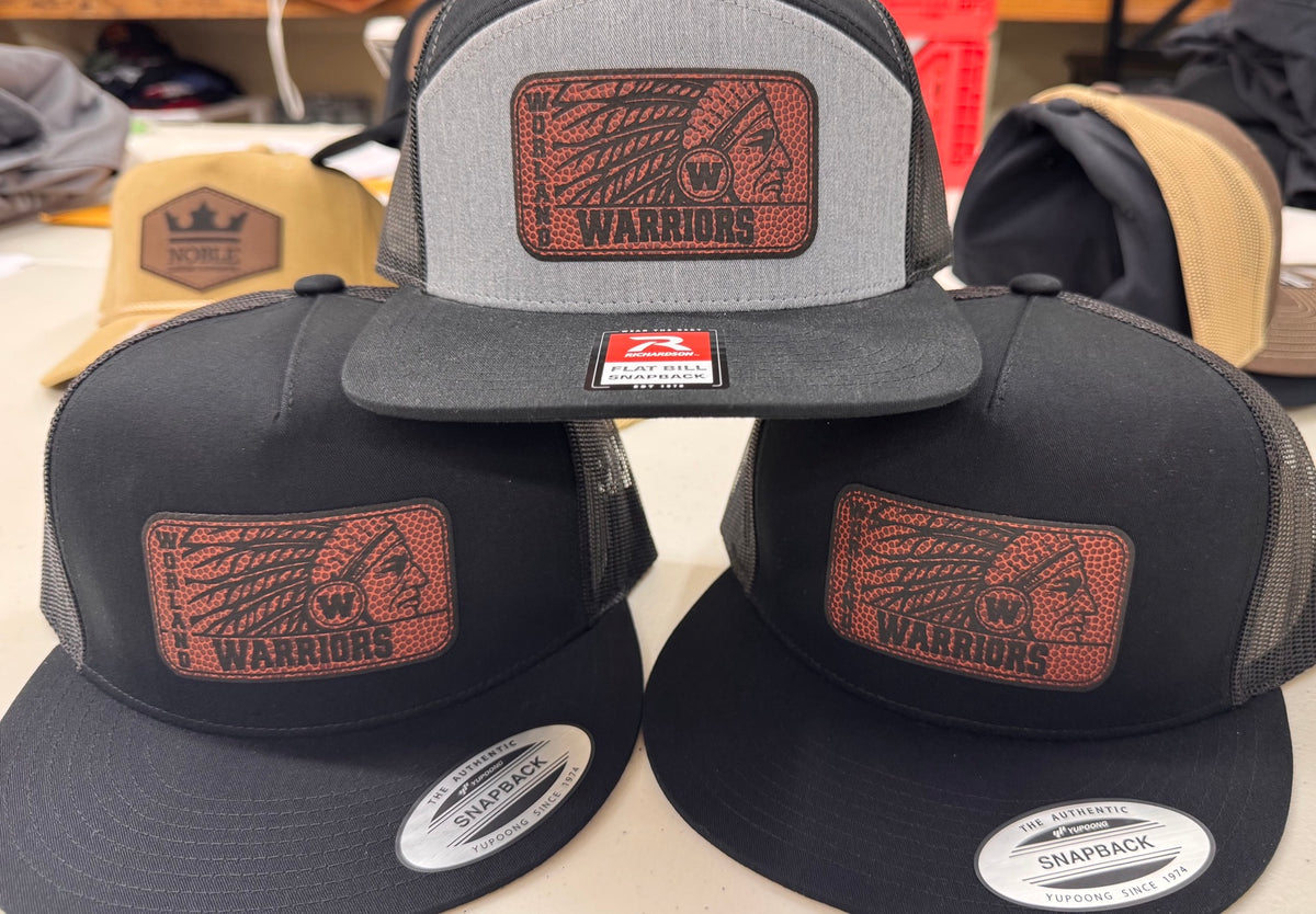 Warrior football texture engraved patch hat on black Yupoong snapback