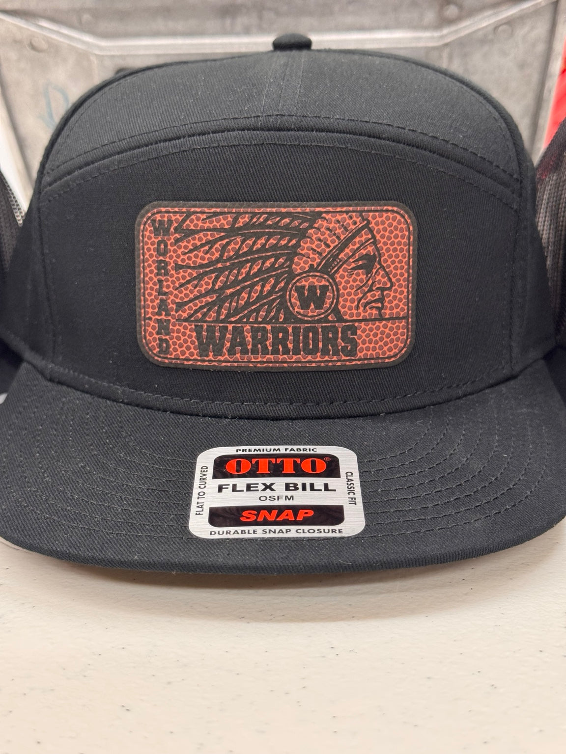 Warrior football texture engraved patch hat on gray and black Richardson flat bill snapback
