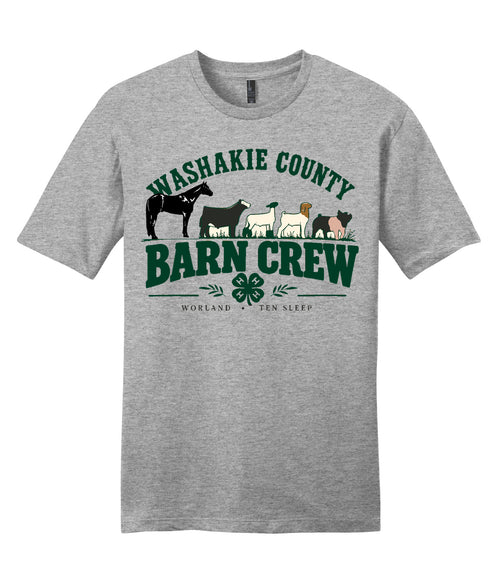 06 · Basin Barn Crew on Adult tee · Light Heather Grey, front print. Illustrative review mockup.