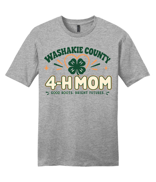 07 · Clover & Kin on Adult tee · Light Heather Grey · Mom, front print. Illustrative review mockup.