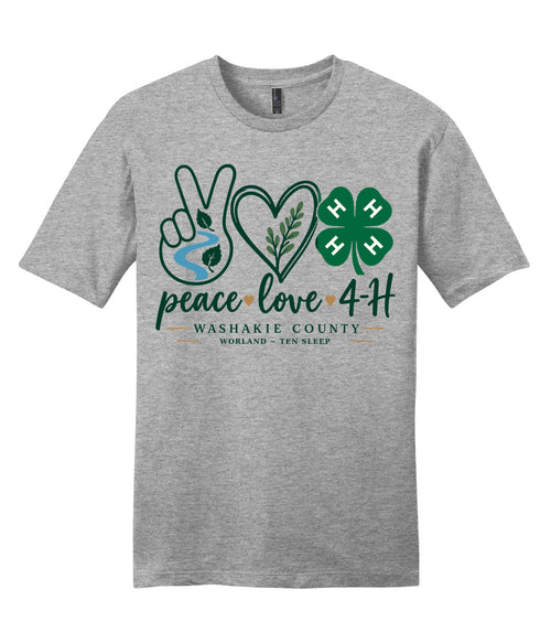 09 · Peace Love Washakie on Adult tee · Light Heather Grey, front print. Illustrative review mockup.