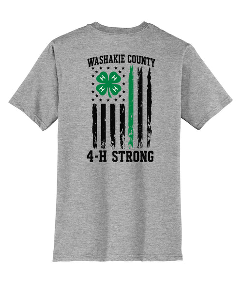 11 · Washakie Strong on Adult tee · Light Heather Grey, back print. Illustrative review mockup.