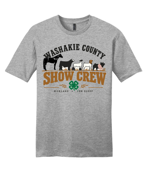 12 · Washakie Show Crew on Adult tee · Light Heather Grey, front print. Illustrative review mockup.