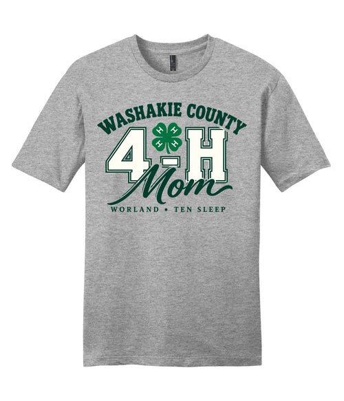 14 · Washakie 4-H Family on Adult tee · Light Heather Grey · Mom, front print. Illustrative review mockup.