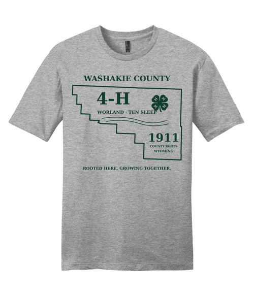 15 · Our Washakie on Adult tee · Light Heather Grey, front print. Illustrative review mockup.