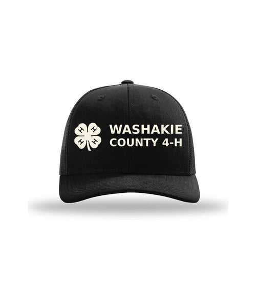 16 · Stitched in Washakie on Richardson 112 · Black, cap-front embroidery. Illustrative review mockup.