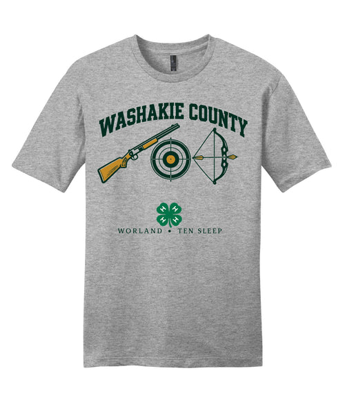 17 · Shooting Sports on Adult tee · Light Heather Grey, front print. Illustrative review mockup.