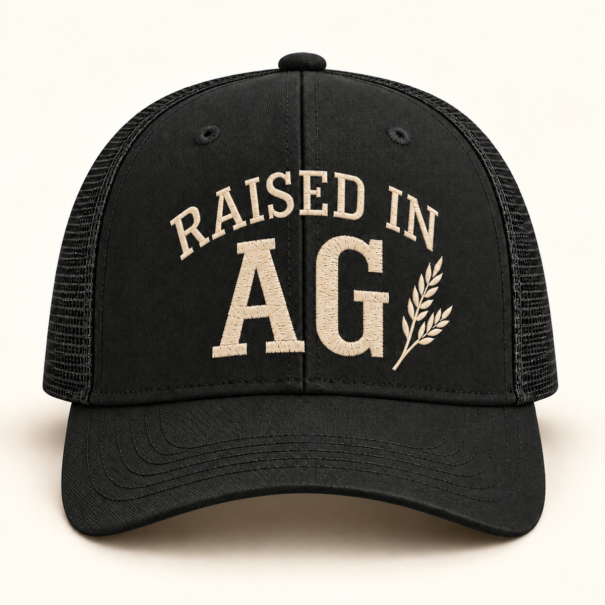 raised-ag-cap; 112 · Black; front; corrected review mockup