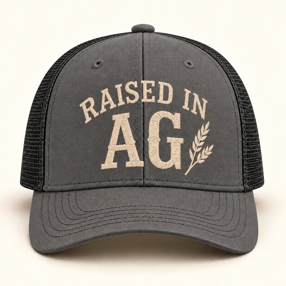raised-ag-cap; 112 · Charcoal/Black; front; corrected review mockup