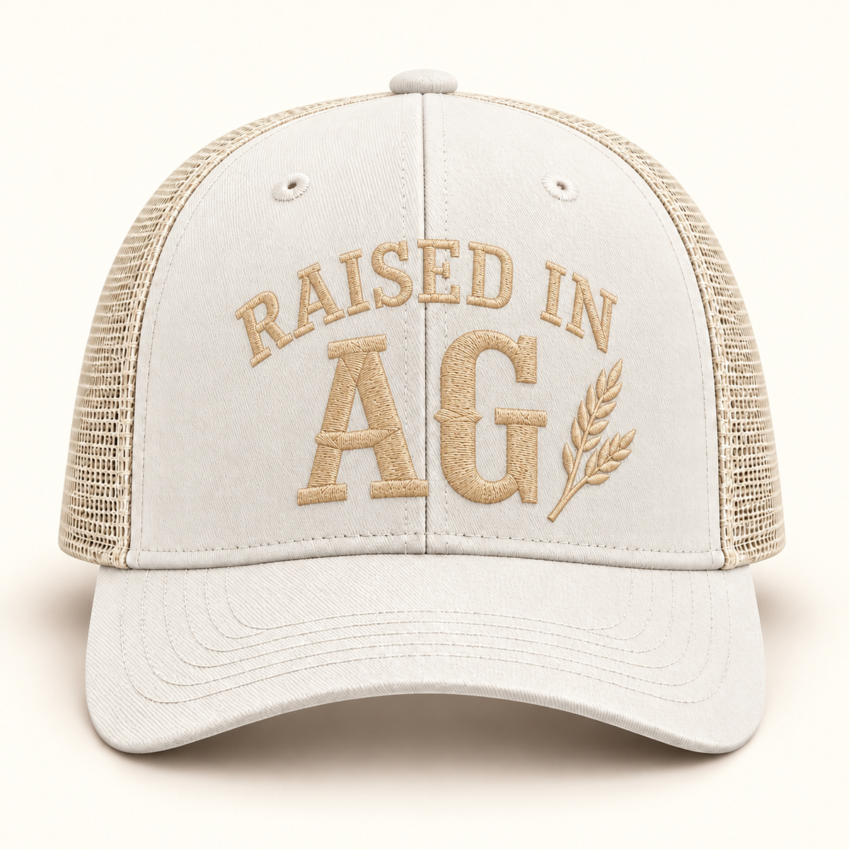 raised-ag-cap; 112 · Cream; front; corrected review mockup