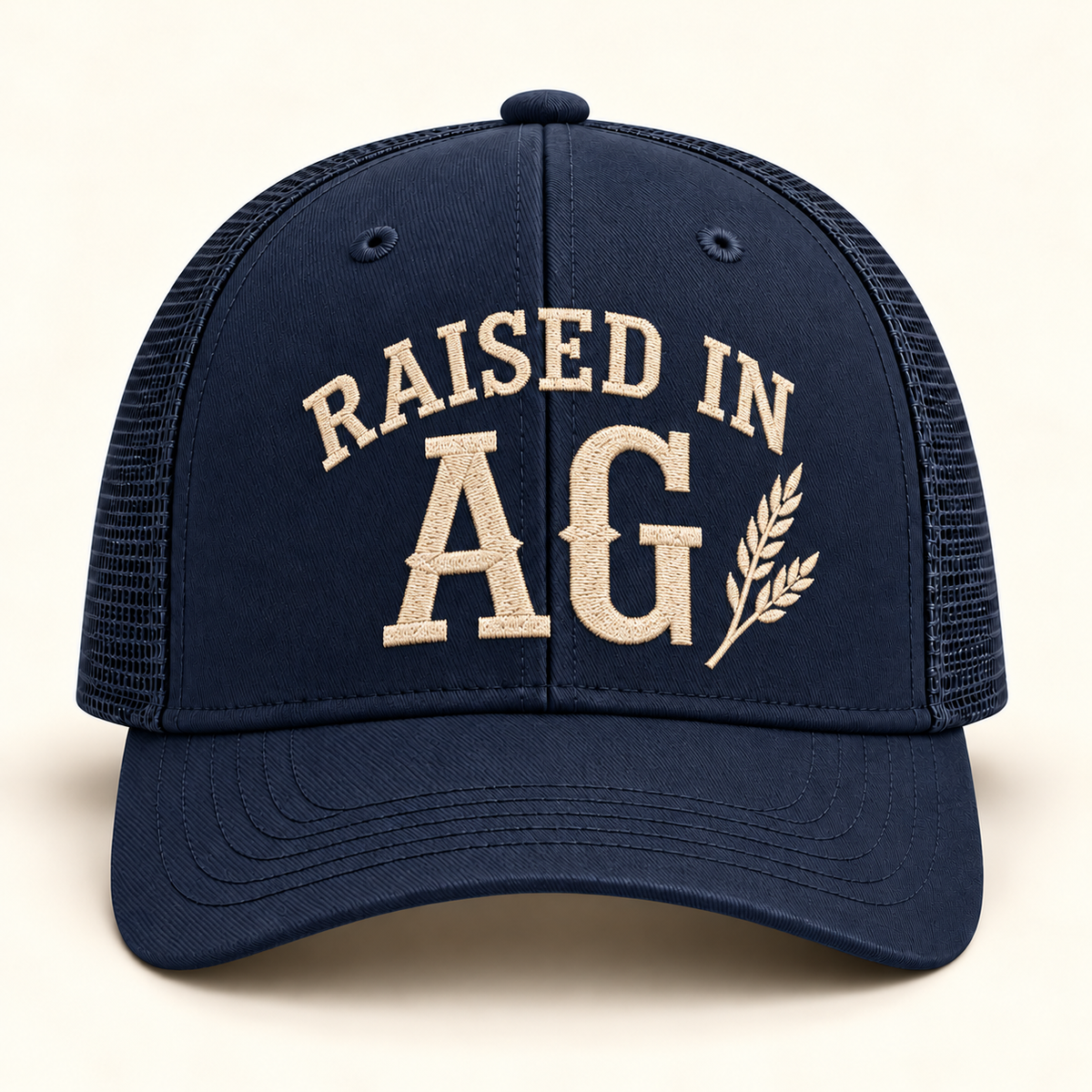 raised-ag-cap; 112 · Navy; front; corrected review mockup