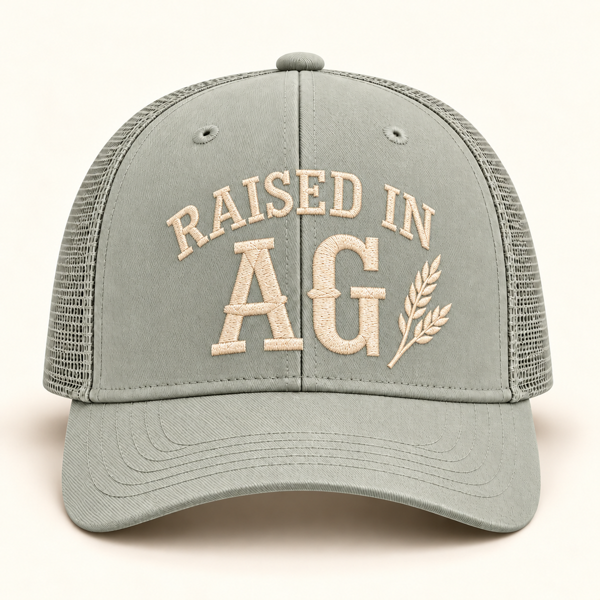 raised-ag-cap; 112 · Quarry (sage); front; corrected review mockup