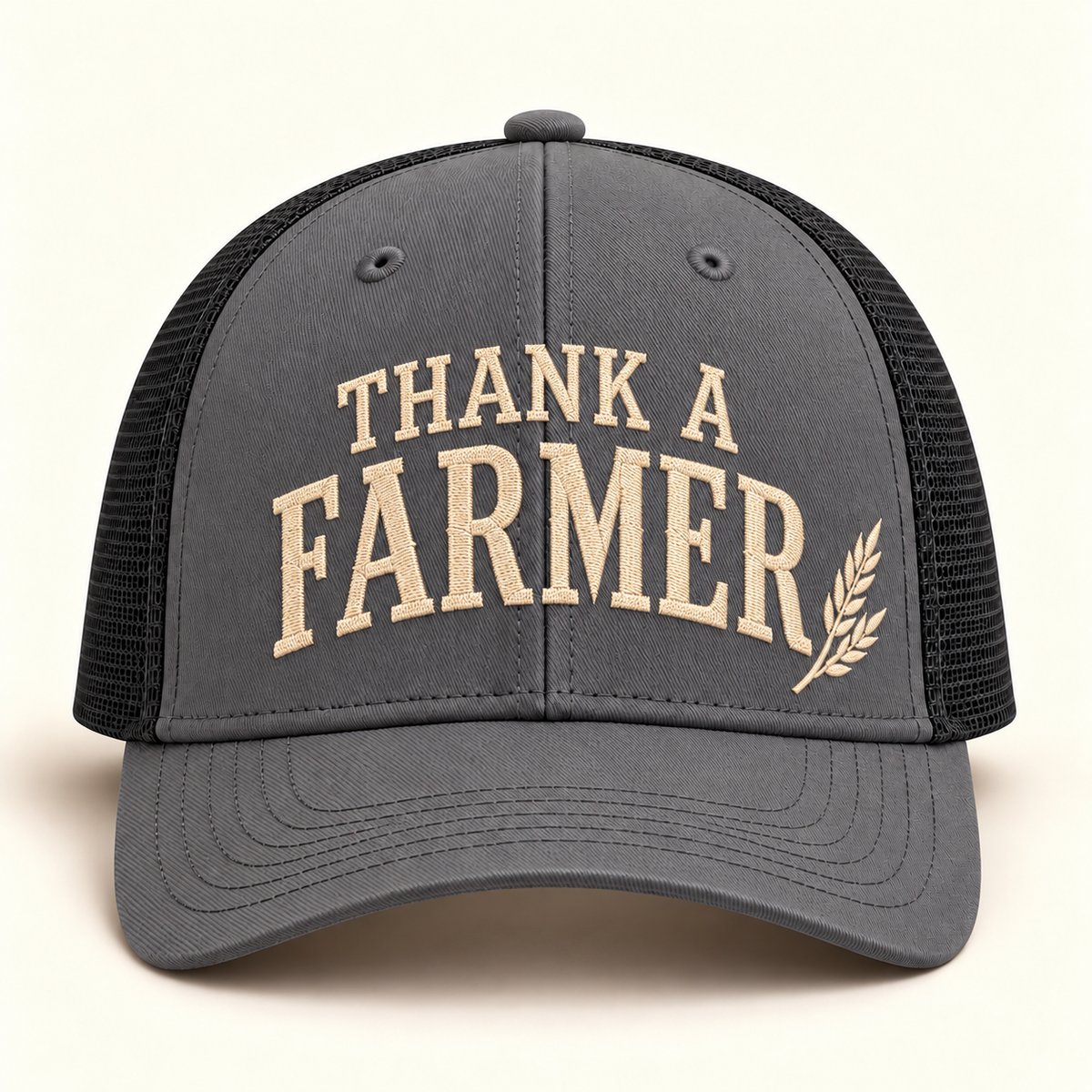 thank-farmer-cap; 112 · Charcoal/Black; front; corrected review mockup