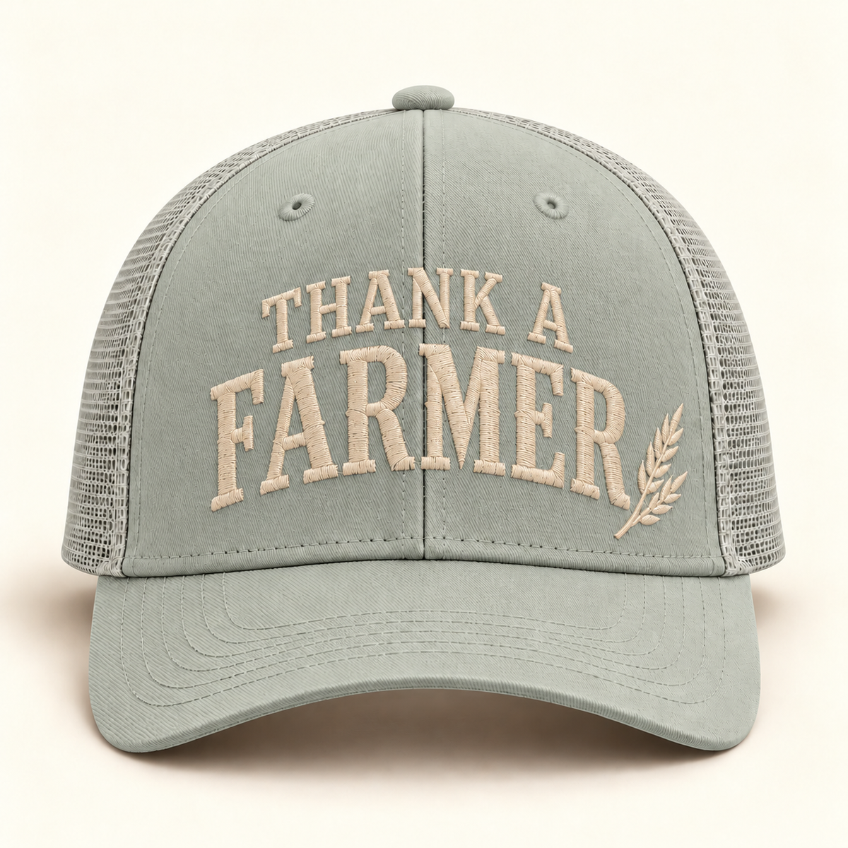 thank-farmer-cap; 112 · Quarry (sage); front; corrected review mockup