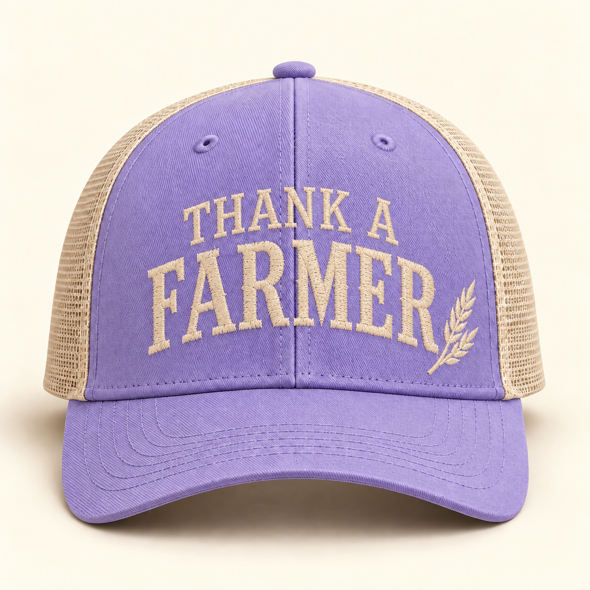 thank-farmer-cap; 115 · Lilac/Birch; front; corrected review mockup