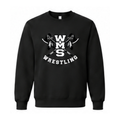 Approved WMS Wrestling black crewneck sweatshirt with white stacked WMS lettering, crossed hatchets and feathers.