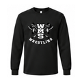 Approved WMS Wrestling black long-sleeve shirt with white stacked WMS lettering, crossed hatchets and feathers.