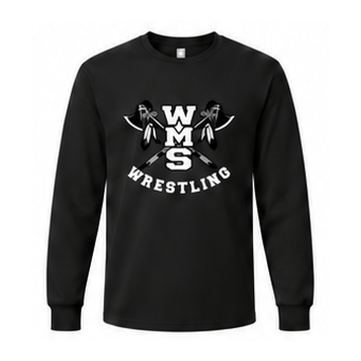 Approved WMS Wrestling black long-sleeve shirt with white stacked WMS lettering, crossed hatchets and feathers.