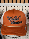 Worland Warriors orange and white script embroidered trucker hat